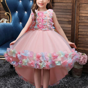 pink jewel neck sleeveless bows flowers tulle polyester cotton formal kids pageant flower girl dresses showprettydress