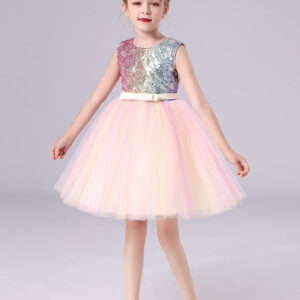 pink jewel neck sleeveless bows kids social party dresses sequined tulle short dress showprettydress