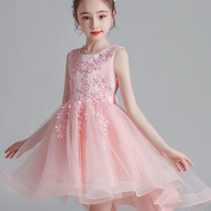 pink jewel neck sleeveless lace tulle polyester embroidered kids party dresses showprettydress