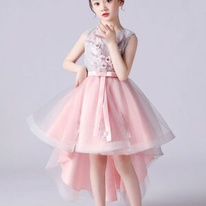 pink jewel neck sleeveless short princess lace flowers kids social party dresses showprettydress