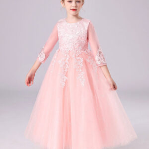pink jewel neck tulle lace embroidered kids party dresses showprettydress