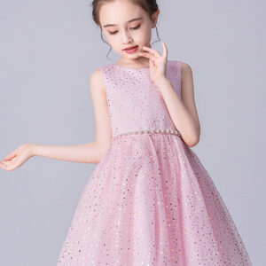 pink jewel neck tulle sleeveless short pearls formal kids pageant flower girl dresses showprettydress