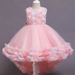pink jewel neck tulle sleeveless with train a line bows formal kids pageant flower girl dresses showprettydress