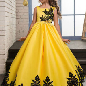 princess yellow lace applique bow decor kids pageant flower girl dresses showprettydress