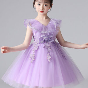 purple v neck sleeveless tulle lace kids party dresses showprettydress