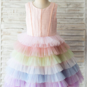 rainbow color jewel neck tulle sleeveless short princess pearls kids social party dresses showprettydress