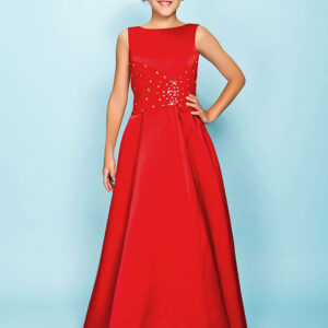 red jewel neck satin fabric sleeveless floor length a line beaded kids party dresses showprettydress