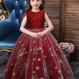 red jewel neck sleeveless ankle length a line embroidered polyester kids party dresses showprettydress