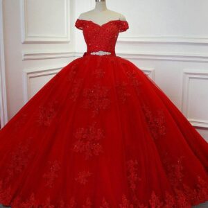 Red Long Princess Off the Shoulder Tulle Lace Wedding Dresses