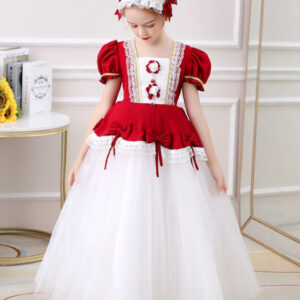 red square neck short sleeves ankle length princess tulle flowers kids party dresses showprettydress