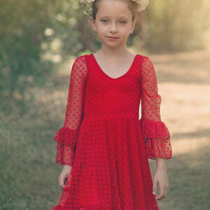 red v neck long sleeves lace polyester formal kids pageant flower girl dresses showprettydress
