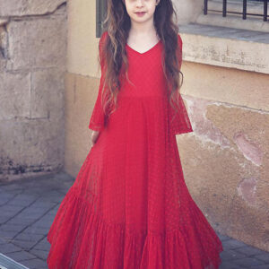 red v neck polyester long sleeves ankle length a line lace formal kids pageant flower girl dresses showprettydress