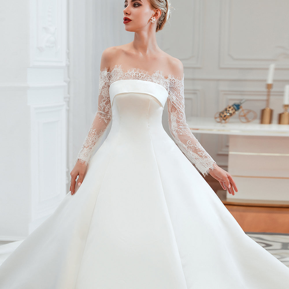 romantic lace long sleevess princess satin wedding dress showprettydress 15 romantic lace long sleevess princess satin wedding dress showprettydress 15
