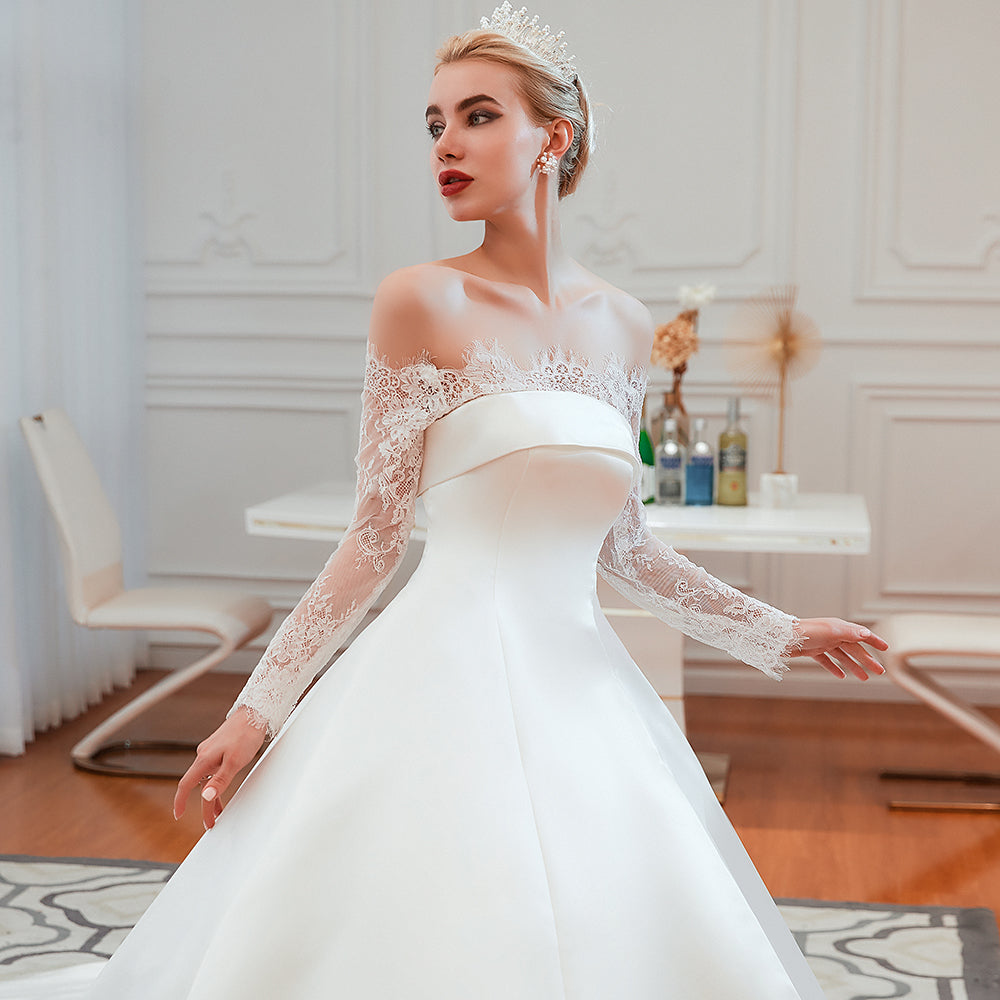 romantic lace long sleevess princess satin wedding dress showprettydress 18 romantic lace long sleevess princess satin wedding dress showprettydress 18