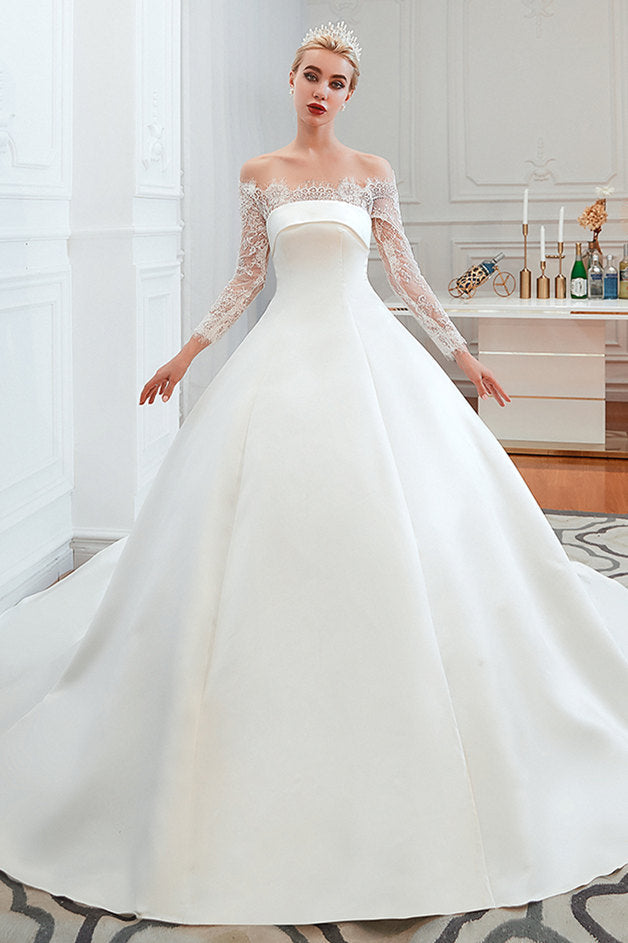 romantic lace long sleevess princess satin wedding dress showprettydress 2 romantic lace long sleevess princess satin wedding dress showprettydress 2
