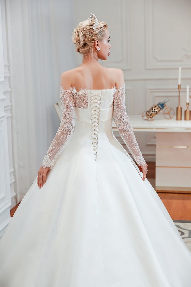 romantic lace long sleevess princess satin wedding dress showprettydress 3 romantic lace long sleevess princess satin wedding dress showprettydress 3