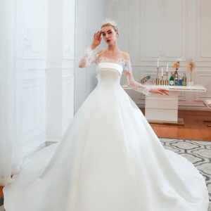romantic lace long sleevess princess satin wedding dress showprettydress