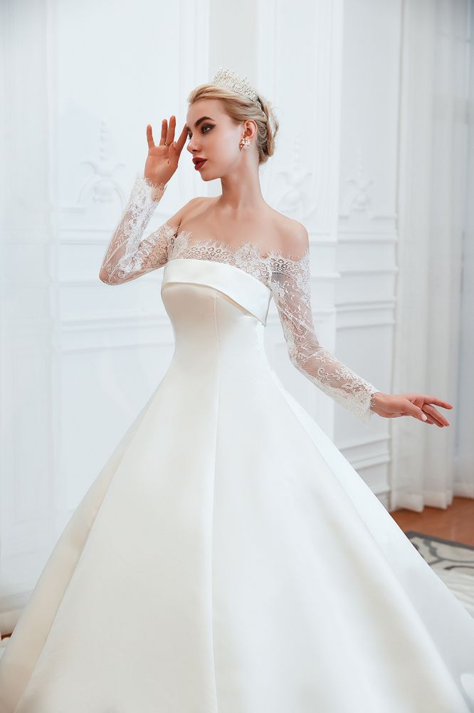 romantic lace long sleevess princess satin wedding dress showprettydress 5 romantic lace long sleevess princess satin wedding dress showprettydress 5