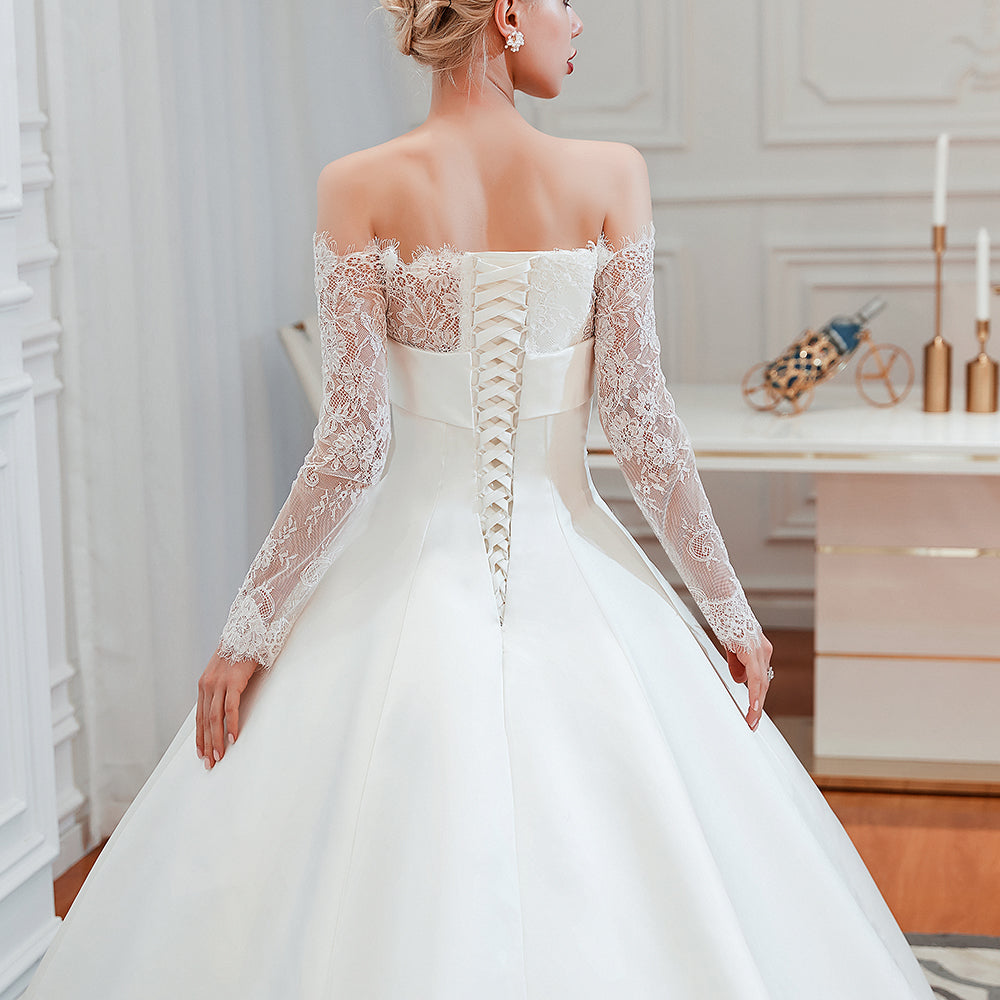romantic lace long sleevess princess satin wedding dress showprettydress 6 romantic lace long sleevess princess satin wedding dress showprettydress 6