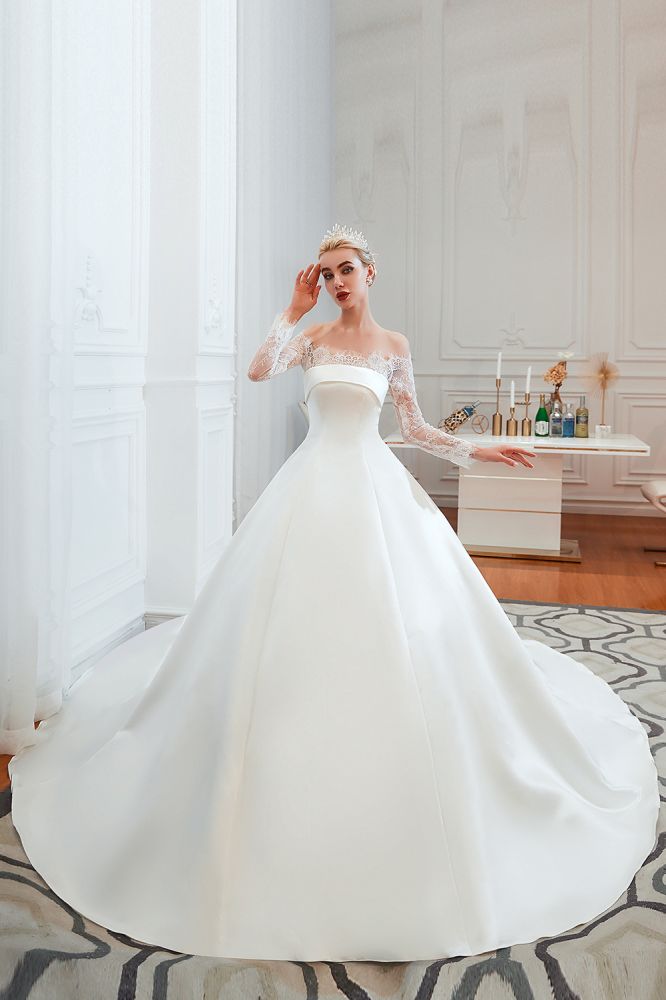 romantic lace long sleevess princess satin wedding dress showprettydress romantic lace long sleevess princess satin wedding dress showprettydress