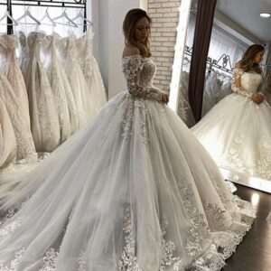 romantic off the shoulderlace ball gown white spring bridal gown long sleevess showprettydress