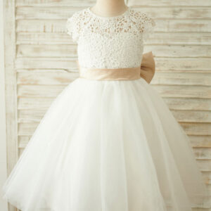 sash short sleeves jewel neck ecru white kids party dresses showprettydress