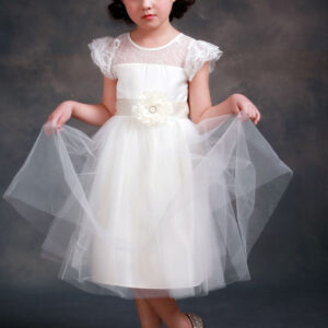 satin flower girls dress ball gown illusion neck short sleeves girls princess formal dress showprettydress