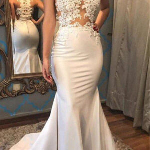 satin mermaid scoop sleeveless applique court train wedding dresses showprettydress