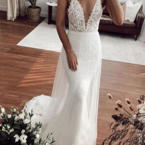 Sexy Long Mermaid V-neck Lace Tulle Wedding Dresses