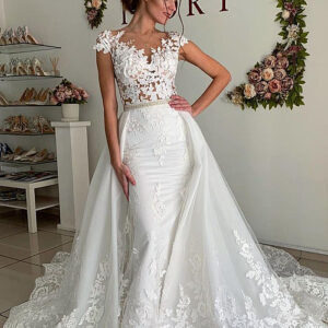 Sheath Portrait Floor Length Tulle Crochet Flower Applique Wedding Dress