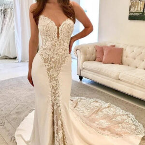 Sheath Spaghetti Strap Floor Length Chapel Chiffon Applique Wedding Dress