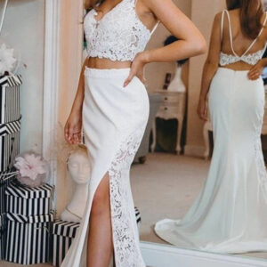 sheath spaghetti strap front slit short train applique wedding dress showprettydress
