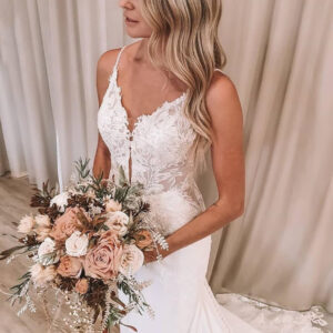 sheath v neck spaghetti strap floor length backless chiffon applique wedding dress showprettydress