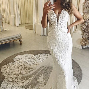 sheath v neck spaghetti strap floor length tulle applique wedding dress showprettydress