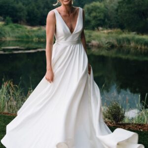 sheath v neck wide strap floor length backless chiffon wedding dress showprettydress
