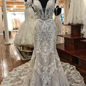 Sheath V-neck Wide Strap Floor Length Backless Tulle Lace Applique Wedding Dresses