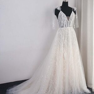 Shinny Long A-Line V-Neck Backless Sequins Wedding Dresses