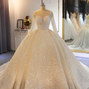 Shinny Long Ball Gown Sweetheart Sparkling Wedding Dresses with Sleeves