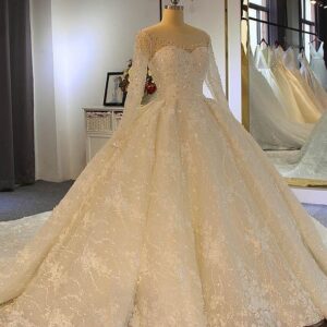 Shinny Long Ball Gown Sweetheart Tulle Lace Wedding Dresses with Sleeves