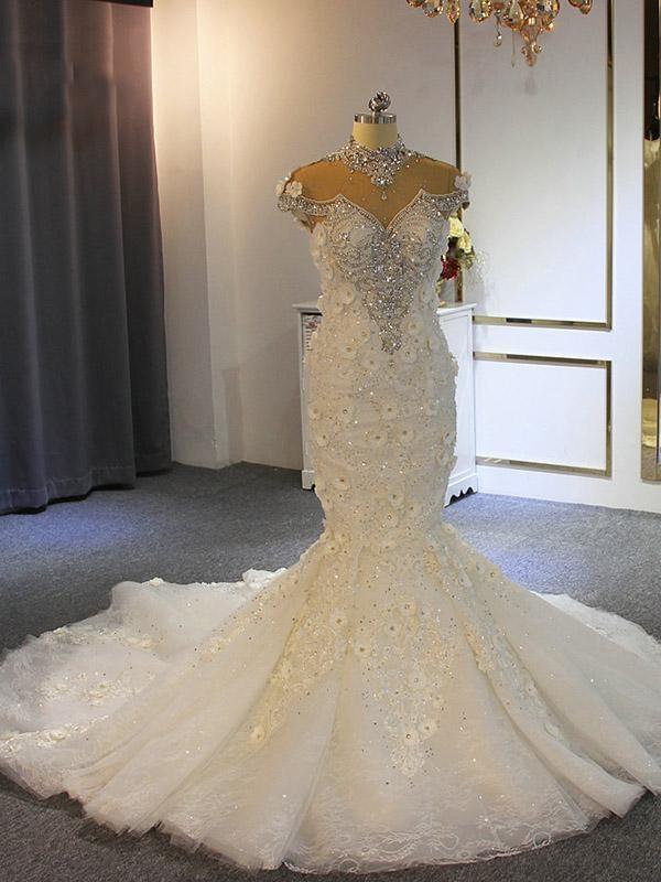 shiny crystal high neck floral wedding dresses sheer tulle sleeveless mermaid bridal gowns showprettydress 2 shiny crystal high neck floral wedding dresses sheer tulle sleeveless mermaid bridal gowns showprettydress 2