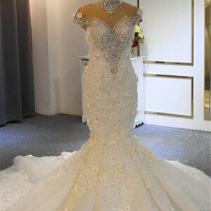 shiny crystal high neck floral wedding dresses sheer tulle sleeveless mermaid bridal gowns showprettydress