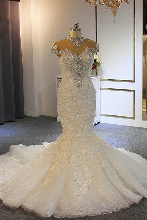 shiny crystal high neck floral wedding dresses sheer tulle sleeveless mermaid bridal gowns showprettydress shiny crystal high neck floral wedding dresses sheer tulle sleeveless mermaid bridal gowns showprettydress