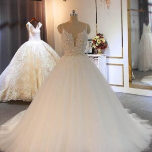 Shiny Long Ball Gown Sweetheart Spaghetti Strap Lace Tulle Wedding Dresses