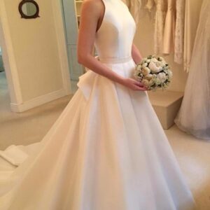 Simple Long A Line Halter Satin Backless Wedding Dress with Bow