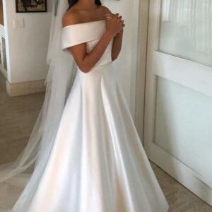 Simple Long A Line Satin Off The Shoulder Wedding Dresses