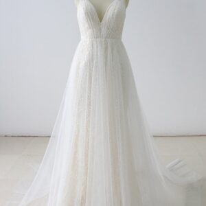 Simple Long A-line V Neck Tulle Wedding Dress