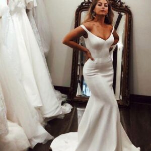Simple Long Mermaid Off the Shoulder Satin Wedding Dress