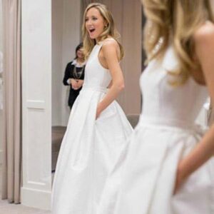 Simple White Long A-Line Satin Wedding Dress with Pockets