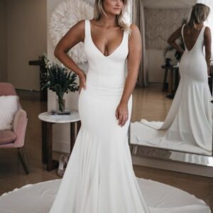 Simple White Long Mermaid V Neck Train Backless Wedding Dress