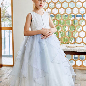 sky light blue v neck sleeveless tulle polyester bows kids social party dresses showprettydress